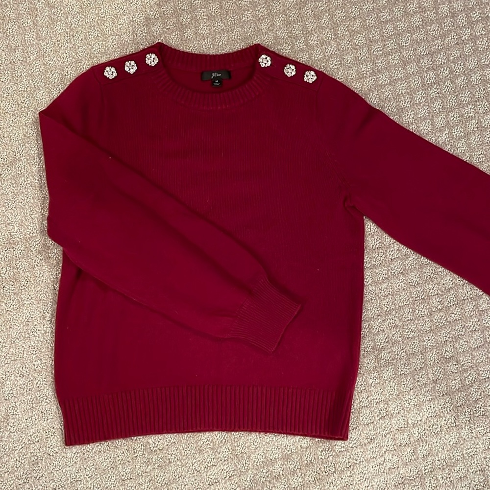 J. Crew Red Crew Neck Sweater with Crystal Shoulder Embellishments